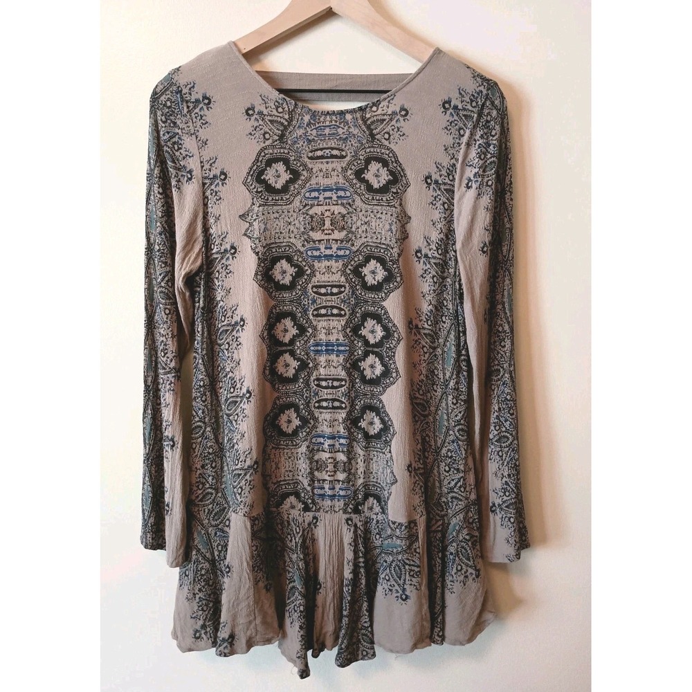 Free People Tan Tunic with Black and Blue Paisley Print